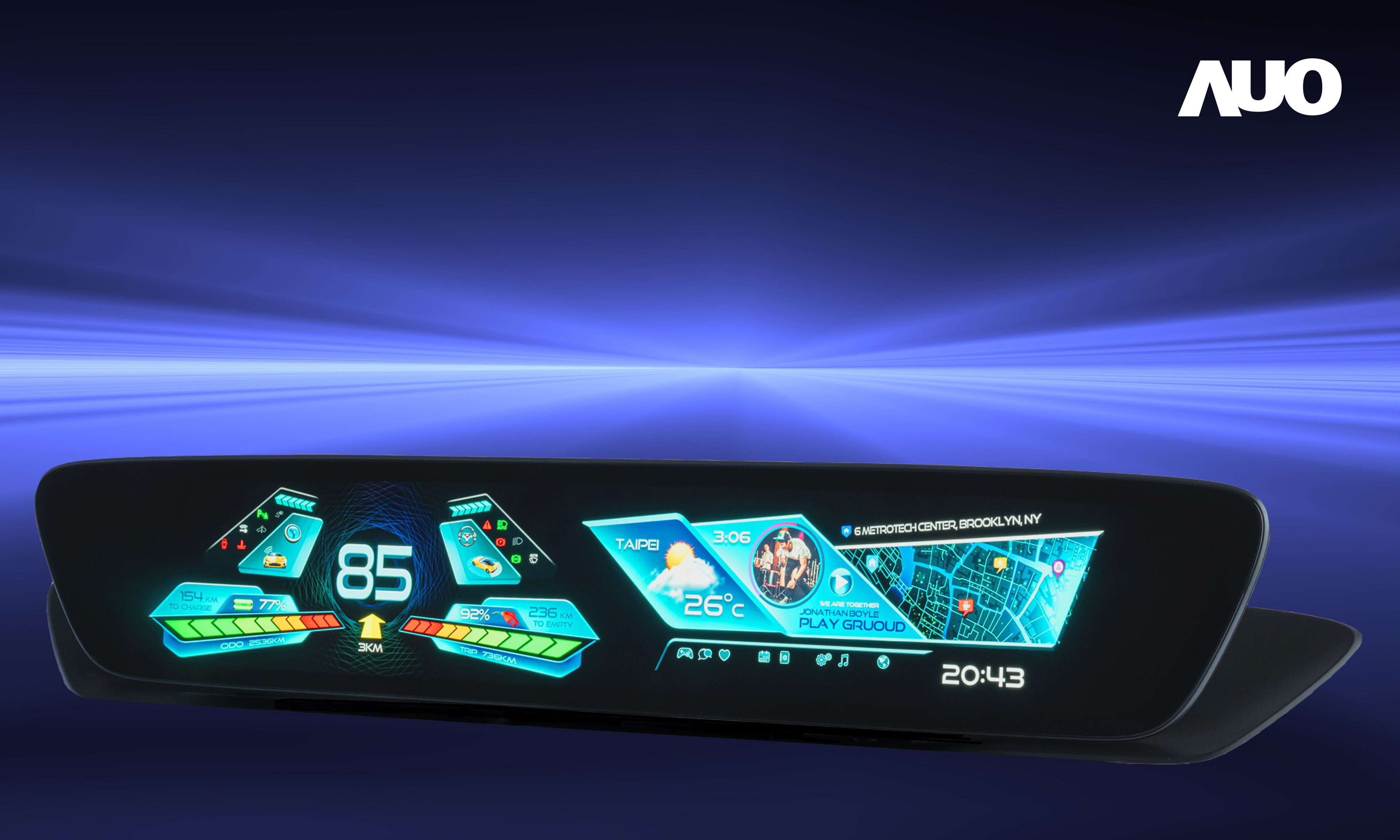 友達30.4吋異形曲面AmLED車載顯示系統，為一兼具儀表板及中控台人機介面的創新車載顯示系統，結合美學設計，提升車內科技沉浸感及使用體驗，讓車載顯示的未來應用更加多元化