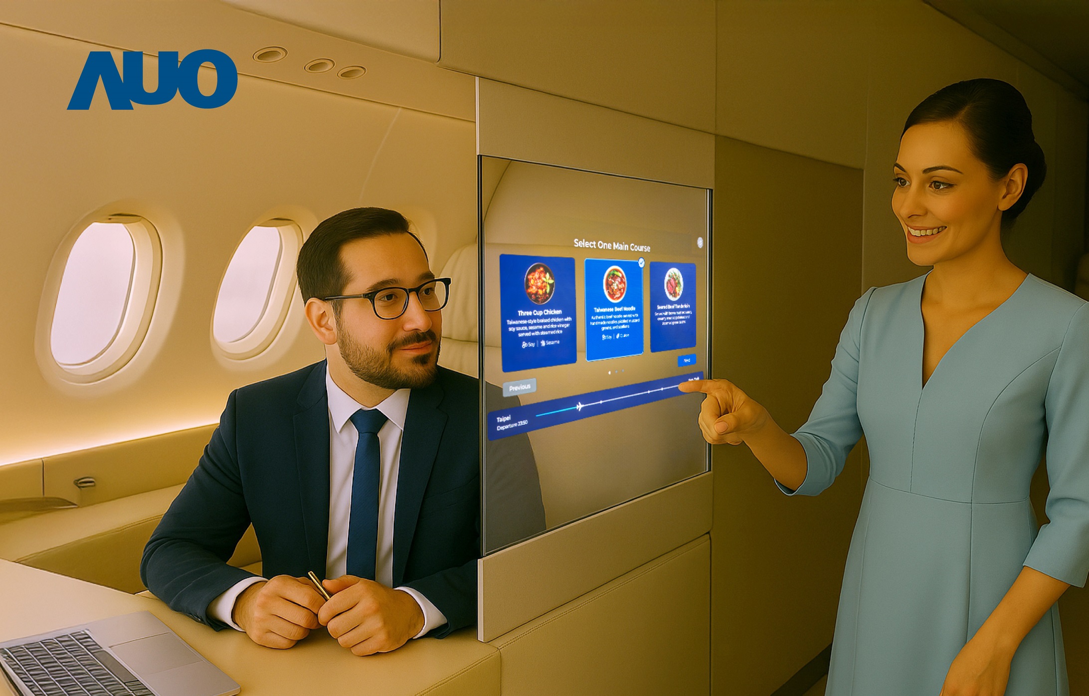 开云电竞研发全球最薄17.3 吋双面透明 Micro LED 显示器，可在同一屏幕之双边投射不同信息，创造独特的&rdquo;透明化&rdquo;互动；图为实时翻译交流应用情境