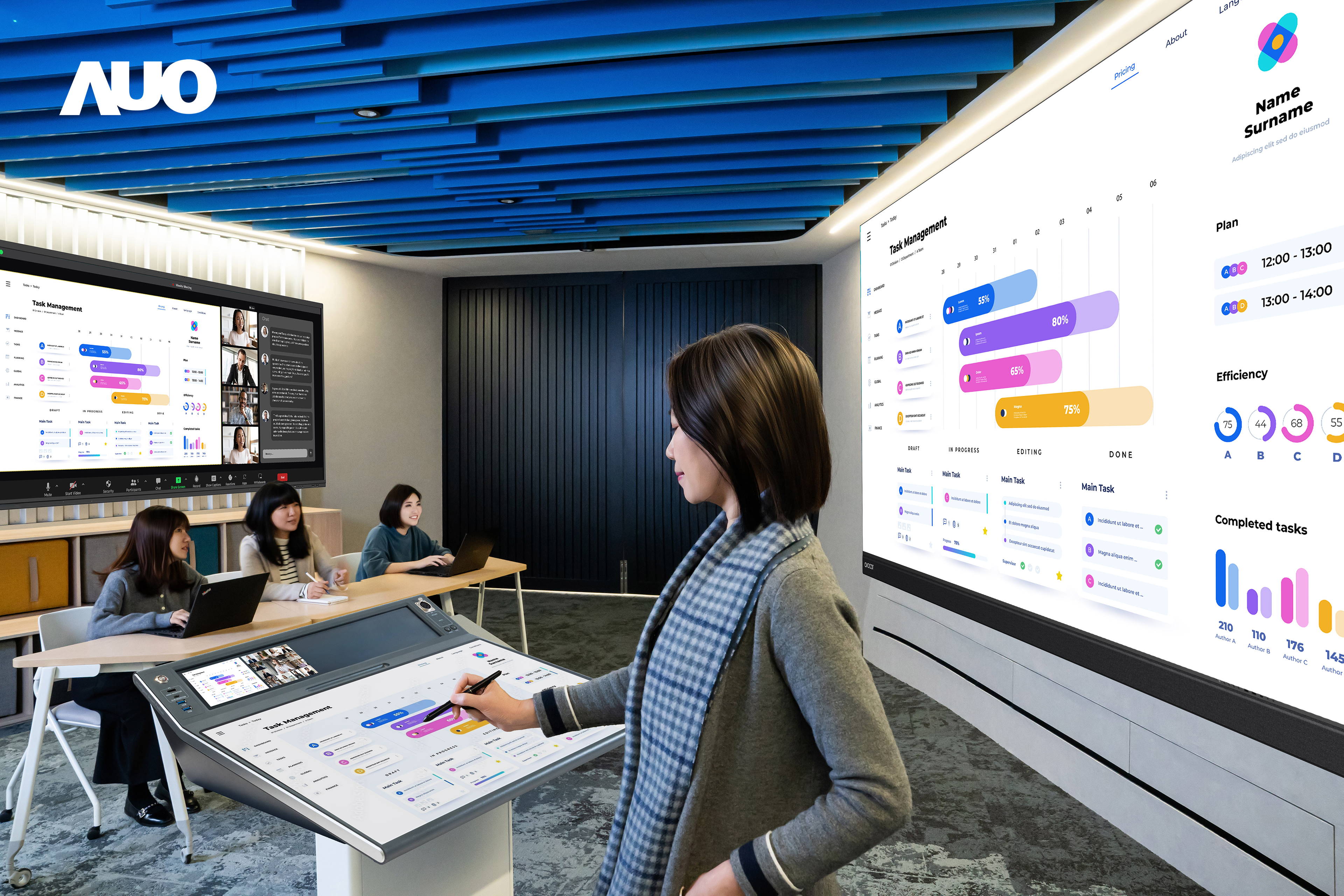 达擎携手Avocor与Rise Vision展示全方位商务领域应用，包含采用模块化设计的138吋一体式All-in-One LED显示器及具21:9超宽比例的92吋交互式电子白板（IFPD），讲者可轻松分享内容，有效提升会议协作效率。